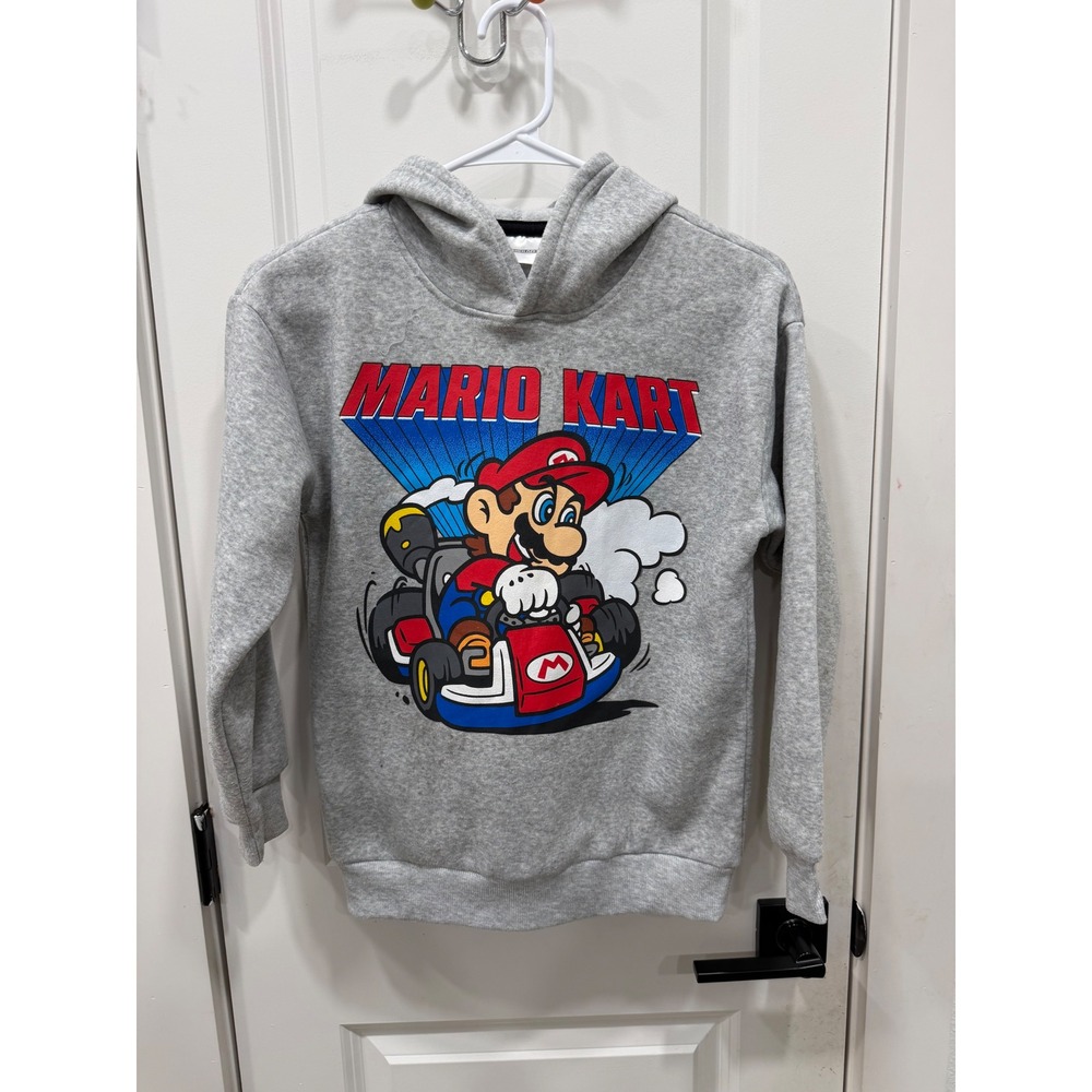 Nintendo Mario Kart Kids Hoodie Gray Graphic Pullover Sweatshirt Size M 10/12